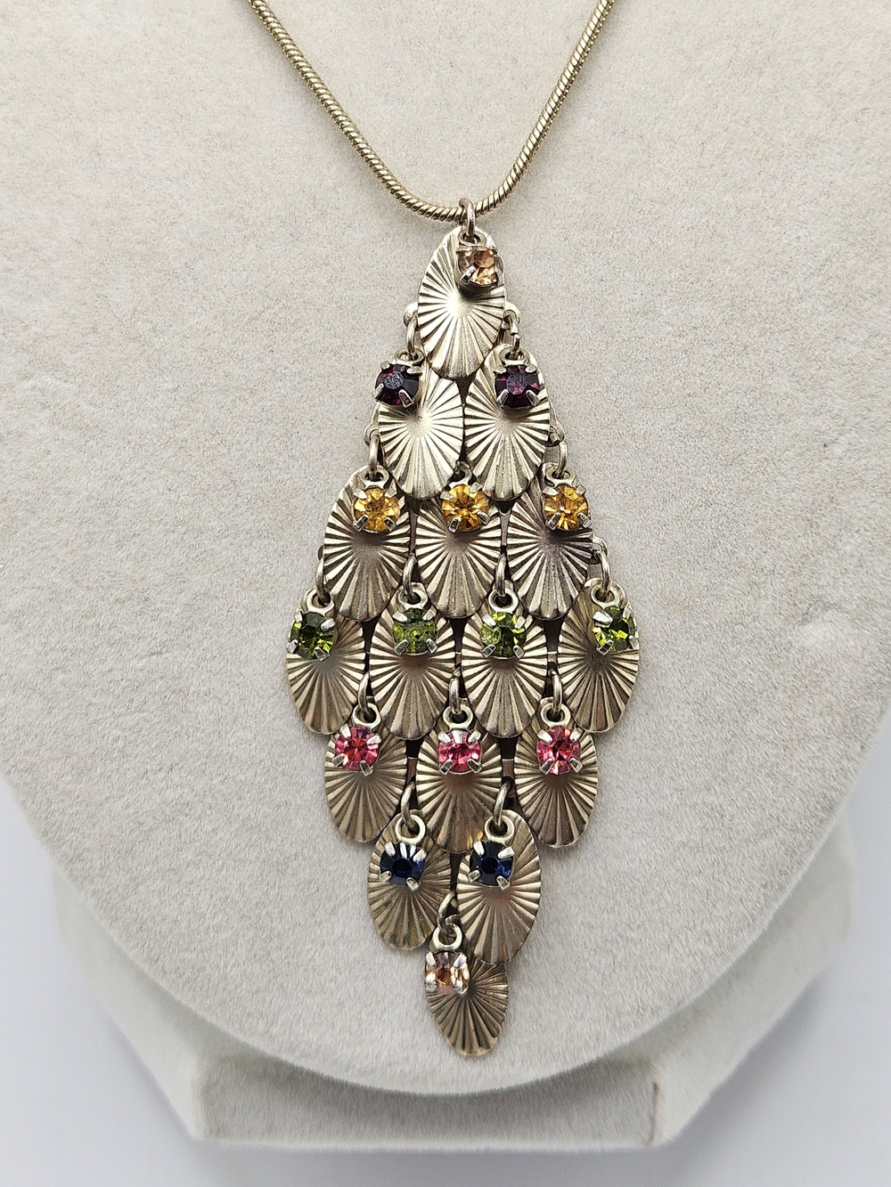 VINTAGE Art Deco Cascading Layered Multi-Colored Rhinestone Pendant Necklace